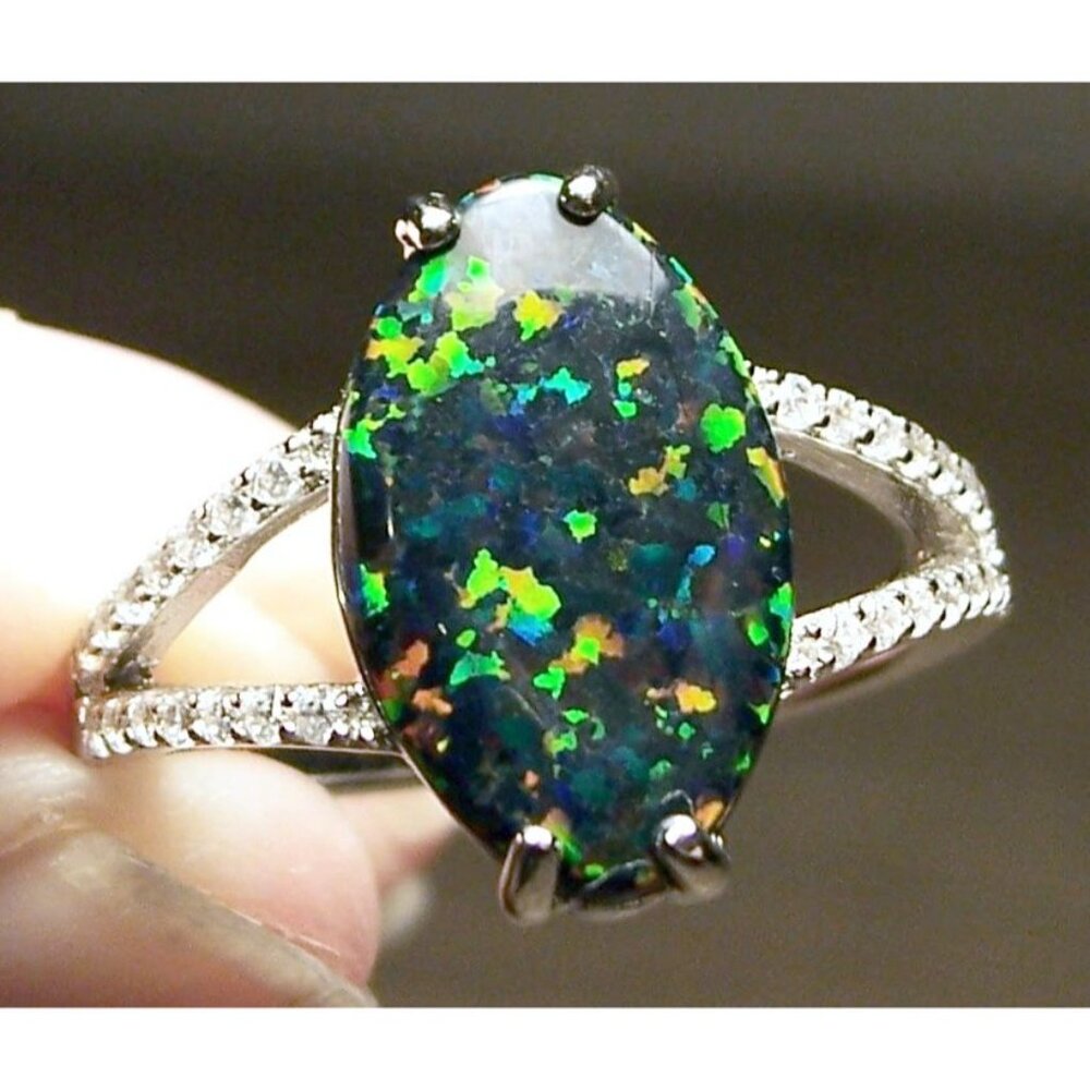 925 Sterling Silver Marquise Lab Created Green Black Opal CZ Ring - Picture 3 of 16
